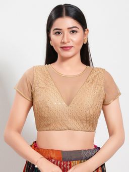 VAMAS - THE DESIGNER BLOUSES - Women Gold Round Neck Padded Stitched Blouse