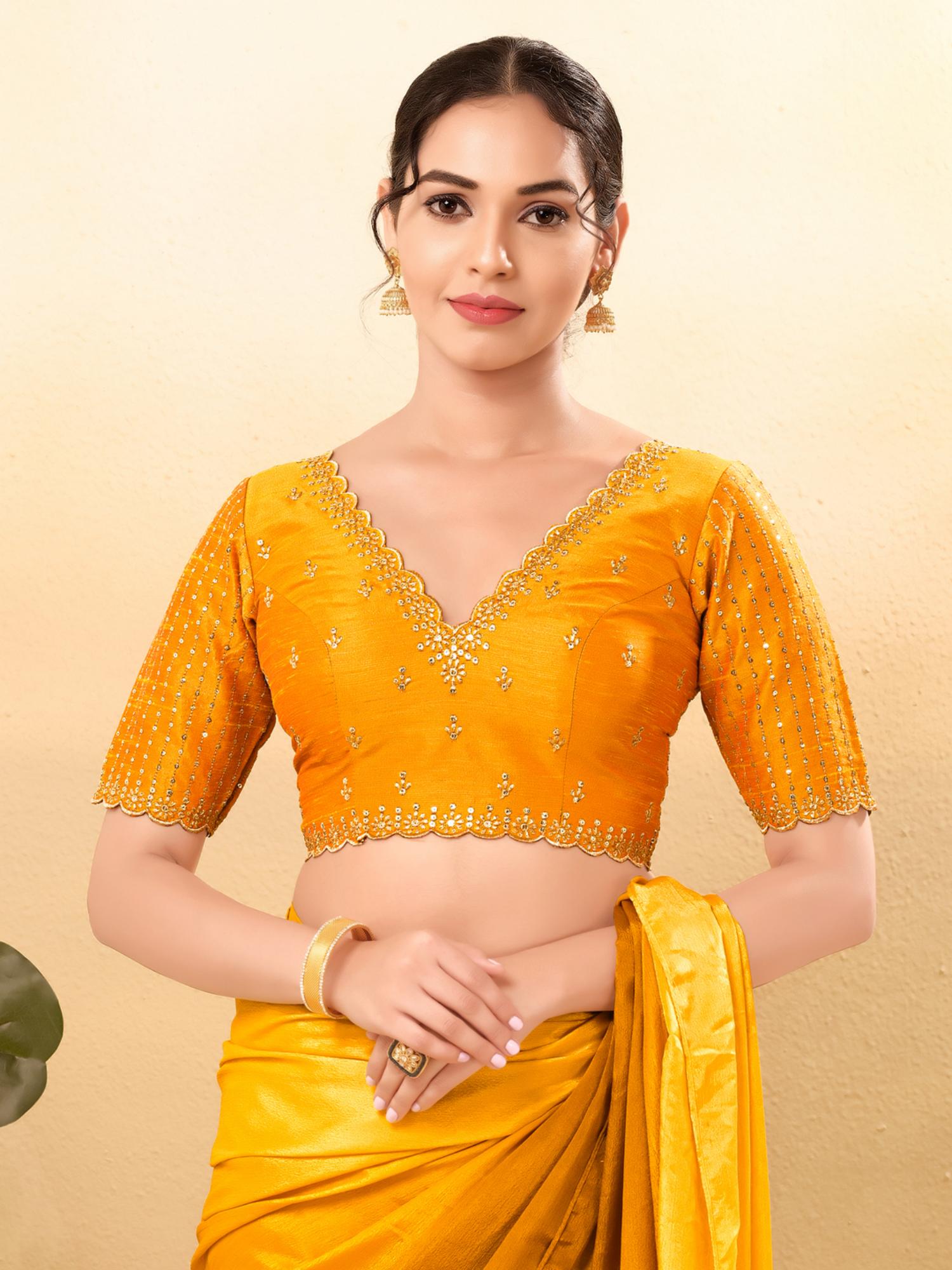 Women Mustard V-Neck Padded Stitched Blouse-picture-36