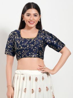 VAMAS - THE DESIGNER BLOUSES - Women Navy Blue Round Neck Padded Stitched Blouse