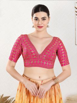 VAMAS - THE DESIGNER BLOUSES - Women Pink Plunging Neck Padded Stitched Blouse