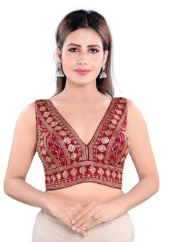 VAMAS - THE DESIGNER BLOUSES - Women Maroon Plunging Neck Padded Stitched Blouse