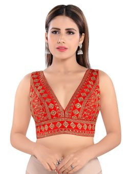 VAMAS - THE DESIGNER BLOUSES - Women Red Plunging Neck Padded Stitched Blouse