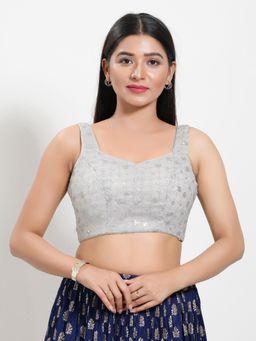 VAMAS - THE DESIGNER BLOUSES - Women Silver Sweetheart Neck Padded Stitched Blouse