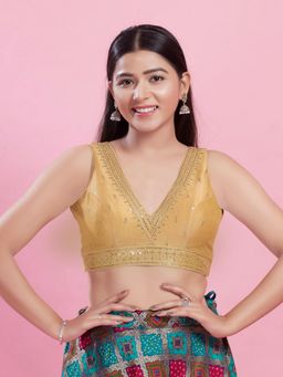 VAMAS - THE DESIGNER BLOUSES - Women Gold Plunging Neck Padded Stitched Blouse