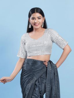 VAMAS - THE DESIGNER BLOUSES - Women Silver Sweetheart Neck Padded Stitched Blouse