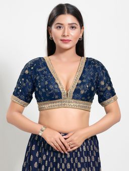 VAMAS - THE DESIGNER BLOUSES - Women Navy Blue Plunging Neck Padded Stitched Blouse