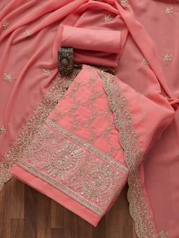 Koskii - Pink Zariwork Georgette Unstitched Salwar Suit (Set of Three)