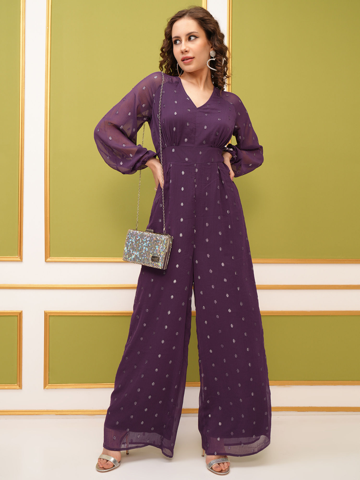 tokyo talkies Purple Self Design V-Neck Long Sleeve Jumpsuit-picture-26