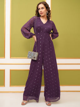 TOKYO TALKIES - Purple Self Design V-Neck Long Sleeve Jumpsuit