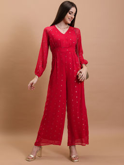 TOKYO TALKIES - Red Self Design V-Neck Long Sleeve Jumpsuit