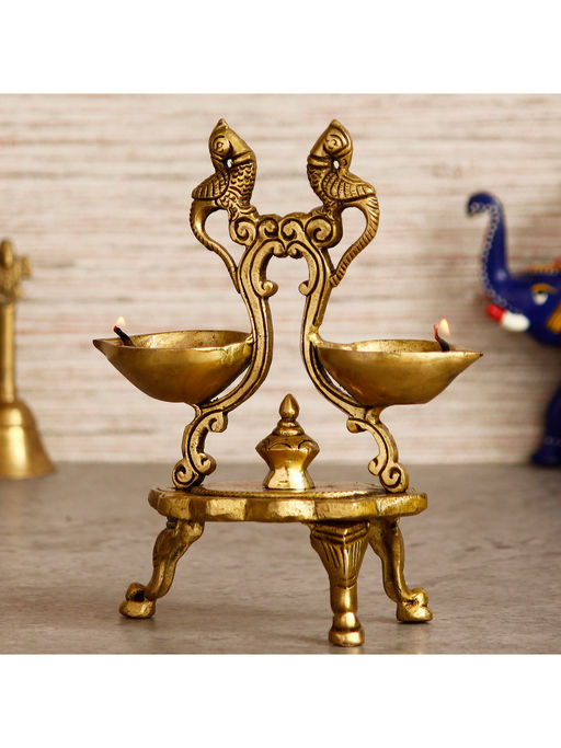 eCraftIndia Parrot Design Antique Finish Decorative Handcrafted Brass Diya With Stand