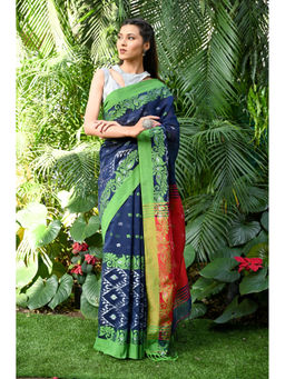 Beatitude - Blue Handloom Cotton Silk Saree with Unstitched Blouse