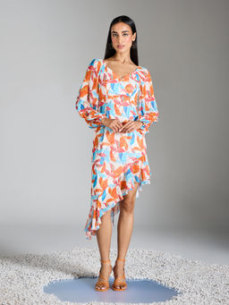RSVP by Nykaa Fashion - Multicolor Printed Sweetheart Neck Balloon Sleeve Asymmetric Midi Dress