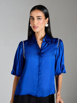 RSVP by Nykaa Fashion - Electric Blue Solid Puff Sleeves Shirt