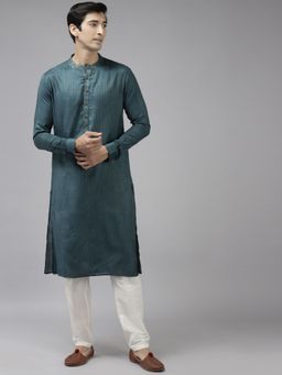 See Designs - Men Teal & Beige Woven Design Thread Work Kurta with Pyjama (Set of 2)