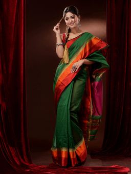 CHARUKRITI - Green Cotton Silk Handwoven Contrast Borders and Pallu Saree with Unstitched Blouse