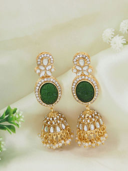 I Jewels - Traditional Kundan and Pearl Jhumka Dangle Earrings Green