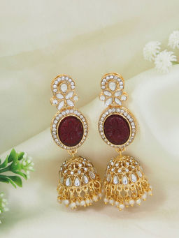 I Jewels - Traditional Kundan and Pearl Jhumka Dangle Earrings Maroon