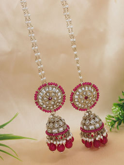 I Jewels - Traditional Kundan Pearl Jhumka Earrings with Attachable Ear Chain Pink