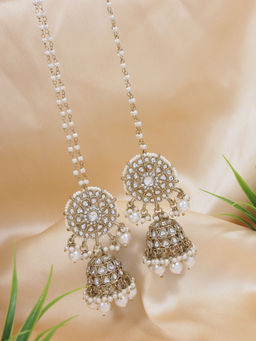 I Jewels - Traditional Kundan Pearl Jhumka Earrings with Attachable Ear Chain White