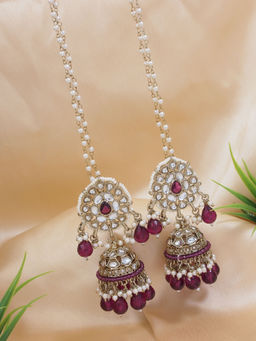 I Jewels - Traditional Kundan Pearl Jhumka Earrings with Attachable Ear Chain Wine