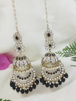 I Jewels - Traditional Kundan and Pearl Dangle Jhumka Earrings with Attachable Ear Chain Black