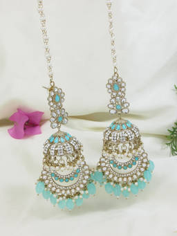 I Jewels - Traditional Kundan and Pearl Dangle Jhumka Earrings with Attach Ear Chain Turquoise