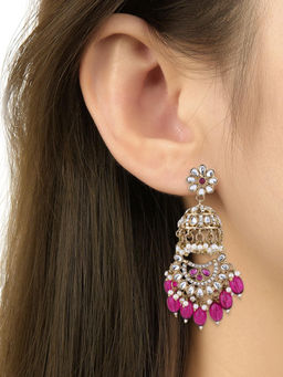 I Jewels - Traditional Kundan and Pearl Dangle Jhumka Earrings Wine
