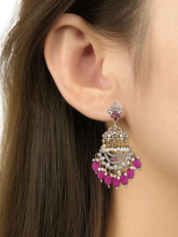 I Jewels - Traditional Kundan and Pearl Dangle Jhumka Earrings Wine