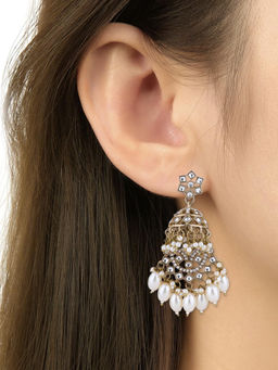 I Jewels - Traditional Handcrafted Kundan and Pearl Dangle Jhumka Earrings White