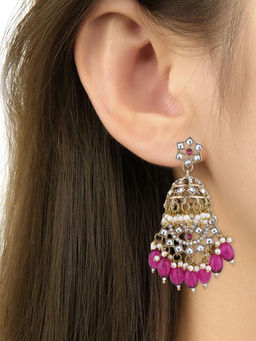 I Jewels - Traditional Handcrafted Kundan and Pearl Dangle Jhumka Earrings Wine