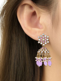 I Jewels - Traditional Handcrafted Kundan and Pearl Jhumka Earrings Purple