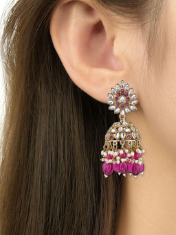I Jewels - Traditional Handcrafted Kundan and Pearl Jhumka Earrings Wine