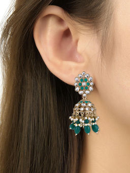 I Jewels - Traditional Handcrafted Kundan and Pearl Jhumka Earrings Green