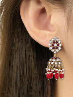 I Jewels - Traditional Handcrafted Kundan and Pearl Jhumka Earrings Maroon