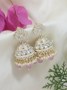 I Jewels - Traditional Kundan and Pearl Jhumka Earrings Purple