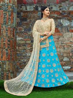Odette - Aqua Blue Art Silk Semi Stitched Lehenga with Unstitched Blouse (Set of 3)
