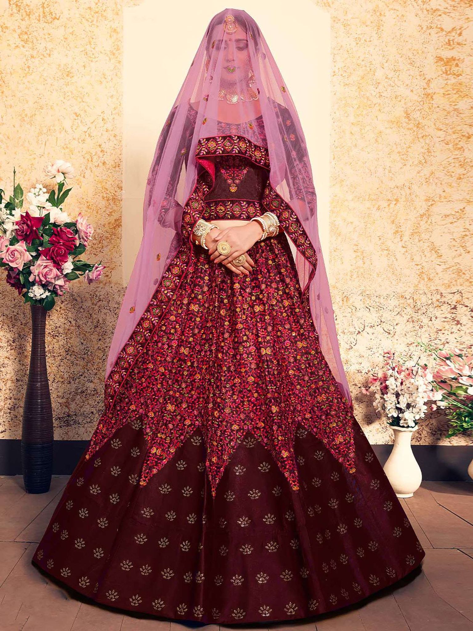 Embroidered Modern Maroon Semi Stitched Lehenga with Unstitched Blouse 