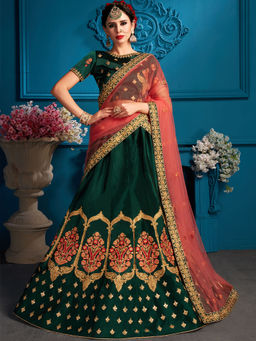 Odette - Green Resham, Zari, Stone Semi Stitched Lehenga with Unstitched Blouse (Set of 3)