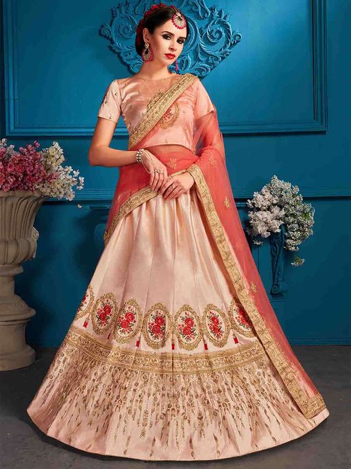 Odette Peach Zari, Stone, Glitter Sequins Semi Stitched Lehenga with Unstitched Blouse (Set of 3)