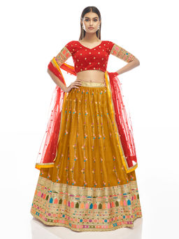 Odette - Mustard Embroidered Georgette Semi Stitched Lehenga with Unstitched Blouse (Set of 3)