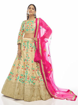 Odette - Beige Embroidered Semi Stitched Lehenga with Unstitched Blouse (Set of 3)