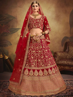 Odette - Red Elegant Semi Stitched Lehenga with Unstitched Blouse (Set of 3)