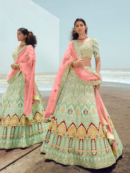 Odette - Sea Green Georgette Embroidered Semi Stitched Lehenga with Unstitched Blouse (Set of 3)