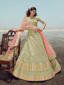 Odette - Green Georgette Embroidered Semi Stitched Lehenga with Unstitched Blouse (Set of 3)