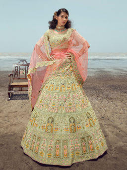 Odette - Green Embroidered Georgette Semi Stitched Lehenga with Unstitched Blouse (Set of 3)