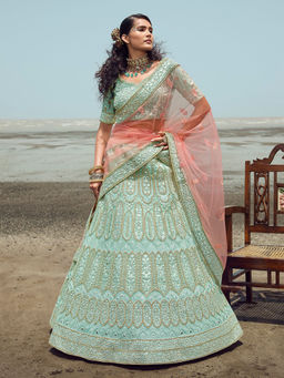 Odette - Sea Green Embroidered Georgette Semi Stitched Lehenga with Unstitched Blouse (Set of 3)
