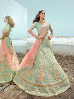 Odette - Sky Blue Embroidered Georgette Semi Stitched Lehenga with Unstitched Blouse (Set of 3)