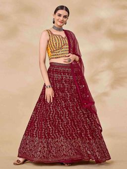 Odette - Maroon Embroidered Semi Stitched Lehenga with Unstitched Blouse (Set of 3)
