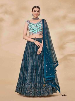 Odette - Teal Embroidered Semi Stitched Lehenga with Unstitched Blouse (Set of 3)